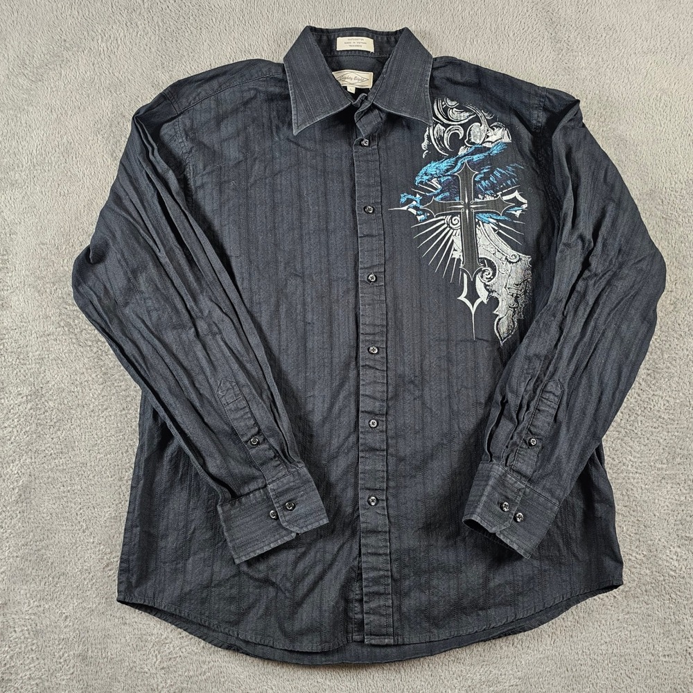 Eighty Eight Mens Black Gothic Cross Raven Graphic Button Down Shirt Large